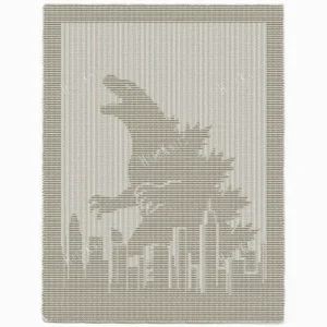 Godzilla City Blanket Knitting Pattern showing a textured silhouette of Godzilla towering above a city skyline with skyscrapers, worked in one solid colour using knit and purl stitches with a garter stitch border, 175 stitches × 341 rows.