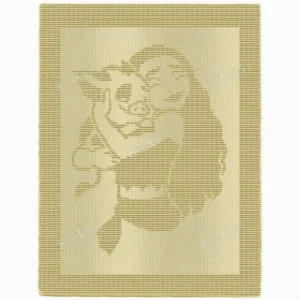 Moana Blanket Knitting Pattern showing a textured silhouette of a Polynesian princess from Hawaii cradling her cute little pig Pua close in her arms, on a solid single-color blanket with a garter stitch border, worked in knit and purl, 180 stitches x 322 rows.