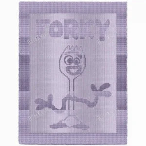 Forky Blanket Knitting Pattern showing a textured silhouette of Forky the spork with mismatched googly eyes, pipe-cleaner arms and popsicle-stick feet, with his name knitted above, on a solid single-color blanket with a garter stitch border, worked in knit and purl, 180 stitches x 322 rows.