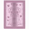 Cute Pug Blanket Knitting Pattern showing a full body pug with a wrinkly face and floppy ears surrounded by little hearts in raised knit and purl texture on a pink knitted blanket with a garter stitch border, worked in one solid color, 182 stitches x 321 rows.