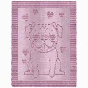 Cute Pug Blanket Knitting Pattern showing a full body pug with a wrinkly face and floppy ears surrounded by little hearts in raised knit and purl texture on a pink knitted blanket with a garter stitch border, worked in one solid color, 182 stitches x 321 rows.