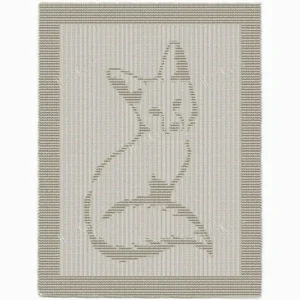 Arctic Fox Blanket Knitting Pattern showing a textured silhouette of an arctic fox with a thick coat and bushy tail, on a solid single-color blanket with a garter stitch border, worked in one color, 182 stitches x 322 rows.