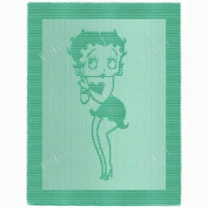 Betty Boop Blanket Knitting Pattern showing a textured portrait of Betty Boop with her signature curls, large expressive eyes, and vintage style, worked in one solid colour using knit and purl stitches with a garter stitch border, 140 stitches × 210 rows.