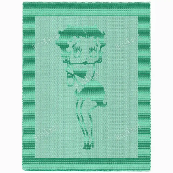 Betty Boop Blanket Knitting Pattern showing a textured portrait of Betty Boop with her signature curls, large expressive eyes, and vintage style, worked in one solid colour using knit and purl stitches with a garter stitch border, 140 stitches × 210 rows.