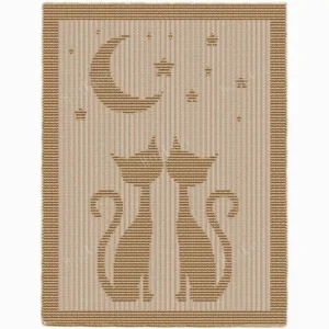 Cats Under the Moon Blanket Knitting Pattern showing a textured silhouette of two cats sitting beneath a crescent moon and stars, on a solid single-colour blanket with a garter stitch border, worked in one color, 182 stitches x 322 rows.