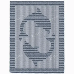 Dolphin Blanket Knitting Pattern showing a textured silhouette of dolphins circling and playing in the water, on a solid single-color blanket with a garter stitch border, worked in one color, 182 stitches x 322 rows.