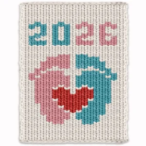 2026 Feet Chunky Loom Blanket Knitting Pattern showing two baby footprints in pink and blue, a red heart, and the year 2026 on a cream background, worked in colorwork with 4 colors: Cream, Pink, Blue, and Red.