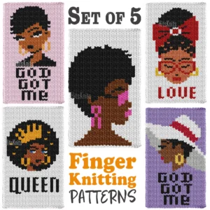 Set of 5 Afro Grace Finger Knitting Pattern, five chunky graphghan portraits of Black women and girls with afros, God Got Me, Queen, Love and a pink ribbon breast cancer awareness girl, worked in stockinette colorwork