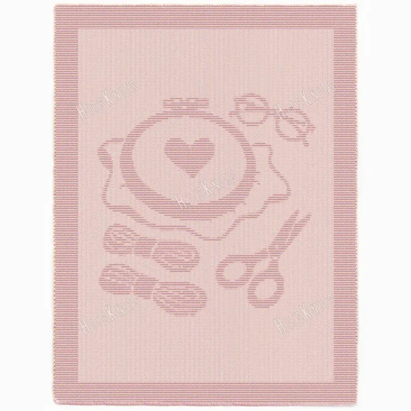 Embroidery Lover Blanket Knitting Pattern showing a textured design of embroidery tools, an embroidery hoop with a stitched heart, glasses, embroidery thread, and scissors, on a solid single-colour blanket with a garter stitch border, worked in one colour, 220 stitches x 396 rows.