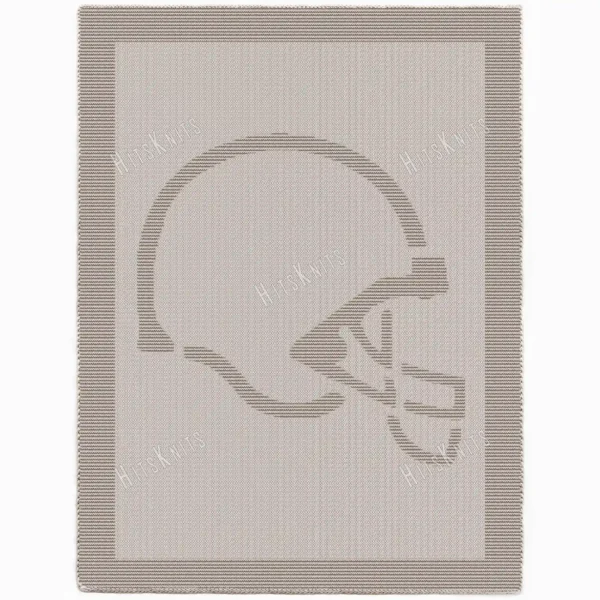 Football Helmet Blanket Knitting Pattern showing a textured silhouette of an American football helmet with a face mask, on a solid single-colour blanket with a garter stitch border, worked in one colour, 220 stitches x 396 rows.