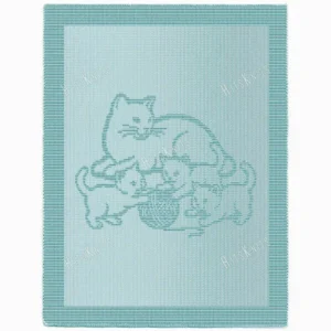 Cat Family Blanket Knitting Pattern showing a textured silhouette of a mother cat and playful kittens with a ball of yarn, on a solid single-color blanket with a garter stitch border, worked in one color, 220 stitches x 396 rows.