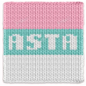 ASTA Baby Finger Knitting Blanket Pattern showing the name ASTA in white block letters on a sage band, with pink and white bands, a soft nursery mood, worked in stockinette colorwork intarsia with 3 colors: White, Pink, and Sage.