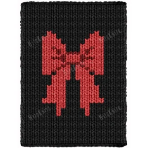 Bow Chunky Blanket Knitting Pattern chart, a cherry-red bow with burgundy folds centered on a deep black background, worked in stockinette colorwork with 3 colors: Black, Red, Burgundy.