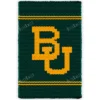 Baylor Bears Bold Knit Blanket Pattern showing the interlocking gold BU logo on a deep green background with gold bands above and below, worked in stockinette colorwork intarsia with 2 colors: Green and Gold.