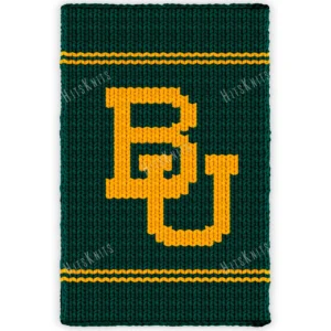 Baylor Bears Bold Knit Blanket Pattern showing the interlocking gold BU logo on a deep green background with gold bands above and below, worked in stockinette colorwork intarsia with 2 colors: Green and Gold.