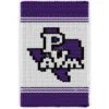 Prairie View A&M Bold Knit Blanket Pattern showing bold PVAM letters inside a Texas state outline on a deep violet background with violet top and bottom bands, worked in stockinette colorwork intarsia with 3 colors: Violet, Black, and White.