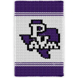 Prairie View A&M Bold Knit Blanket Pattern showing bold PVAM letters inside a Texas state outline on a deep violet background with violet top and bottom bands, worked in stockinette colorwork intarsia with 3 colors: Violet, Black, and White.