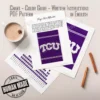 Texas Christian University Bold Knit Blanket Pattern showing bold white TCU letters on a deep violet background with white bands above and below the lettering, worked in stockinette colorwork intarsia with 2 colors: Violet and White.