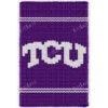 Texas Christian University Bold Knit Blanket Pattern showing bold white TCU letters on a deep violet background with white bands above and below the lettering, worked in stockinette colorwork intarsia with 2 colors: Violet and White.