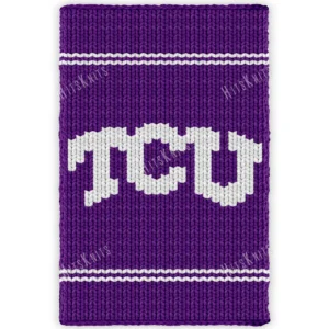 Texas Christian University Bold Knit Blanket Pattern showing bold white TCU letters on a deep violet background with white bands above and below the lettering, worked in stockinette colorwork intarsia with 2 colors: Violet and White.