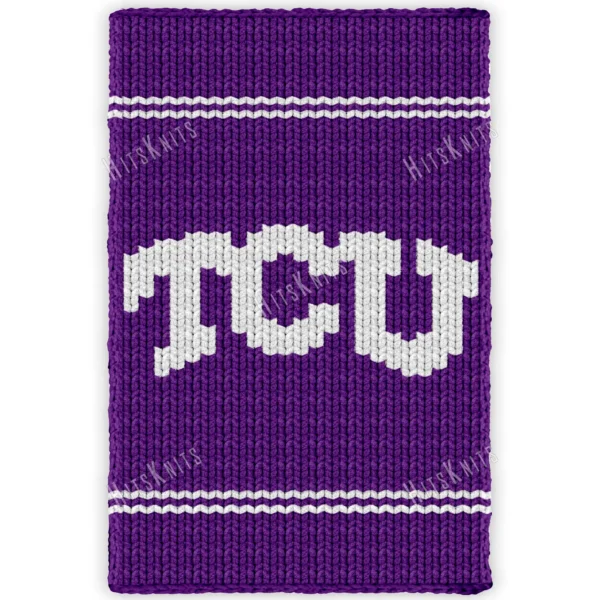 Texas Christian University Bold Knit Blanket Pattern showing bold white TCU letters on a deep violet background with white bands above and below the lettering, worked in stockinette colorwork intarsia with 2 colors: Violet and White.
