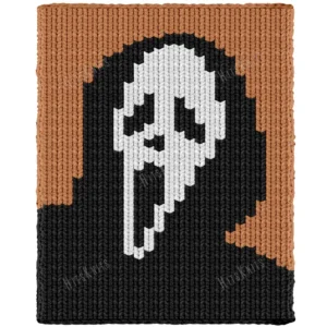 Scream Mask Ghost Blanket Loom Knitting Pattern showing a white ghost mask with hollow eyes and an open mouth inside a black hood on an orange background, worked in colorwork with 3 colors: Black, Orange, and White.