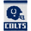 Colts Helmet Loom Knit Blanket Pattern showing a royal blue football helmet with a white horseshoe, face mask, and team name on a white background, worked in stockinette colorwork intarsia with 2 colors: Blue and White.
