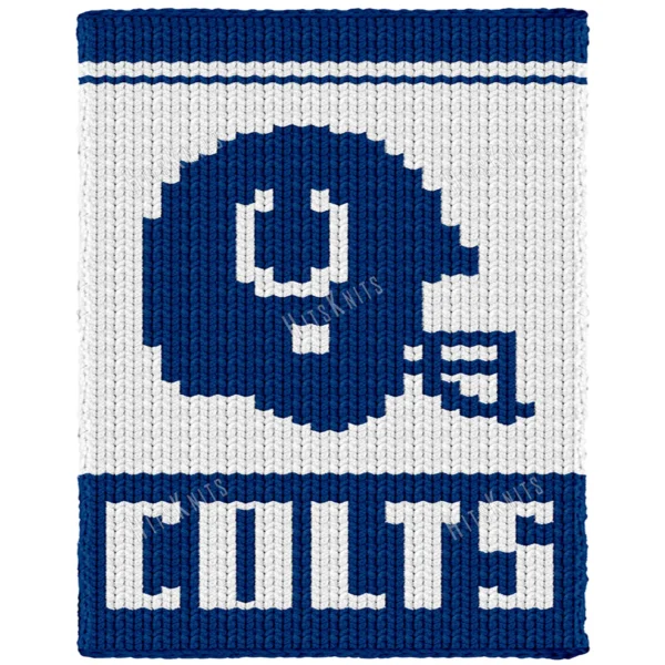 Colts Helmet Loom Knit Blanket Pattern showing a royal blue football helmet with a white horseshoe, face mask, and team name on a white background, worked in stockinette colorwork intarsia with 2 colors: Blue and White.