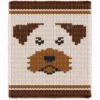 Welsh Terrier Chunky Blanket Knitting Pattern showing a brown and camel Welsh Terrier dog face with black eyes and nose on an ivory ground with striped bands, worked in stockinette colorwork intarsia with 4 colors: Ivory, Camel, Brown and Black.
