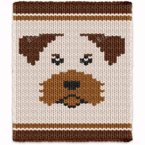 Welsh Terrier Chunky Blanket Knitting Pattern showing a brown and camel Welsh Terrier dog face with black eyes and nose on an ivory ground with striped bands, worked in stockinette colorwork intarsia with 4 colors: Ivory, Camel, Brown and Black.