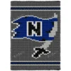 Norwood Pirates Chunky Blanket Knitting Pattern showing a torn navy pirate flag with a black letter N flying from a gray sword with a black hilt, on a graphite background, worked in stockinette colorwork intarsia with 5 colors: Graphite, Navy, White, Black, and Gray.