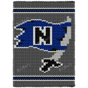 Norwood Pirates Chunky Blanket Knitting Pattern showing a torn navy pirate flag with a black letter N flying from a gray sword with a black hilt, on a graphite background, worked in stockinette colorwork intarsia with 5 colors: Graphite, Navy, White, Black, and Gray.
