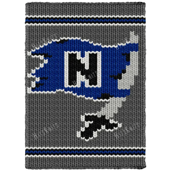 Norwood Pirates Chunky Blanket Knitting Pattern showing a torn navy pirate flag with a black letter N flying from a gray sword with a black hilt, on a graphite background, worked in stockinette colorwork intarsia with 5 colors: Graphite, Navy, White, Black, and Gray.