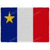 Acadian Flag Finger Blanket Knitting Pattern showing the flag of Acadia with blue, white, and red bands and a gold Stella Maris star, worked in stockinette colorwork intarsia with 4 colors: White, Red, Blue, and Gold.
