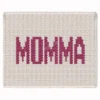 Momma Chunky Blanket Knitting Pattern showing the word MOMMA in soft mauve block letters running along the length of a warm ivory blanket, a mom and mama gift throw worked in stockinette colorwork intarsia with 2 colors: Ivory and Mauve.