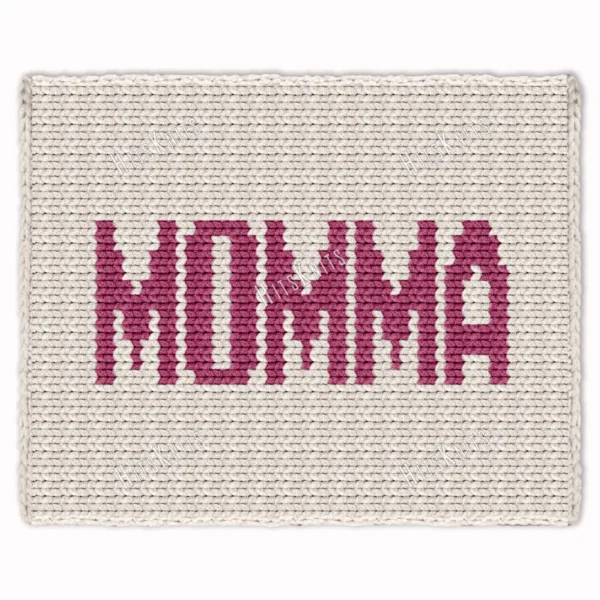 Momma Chunky Blanket Knitting Pattern showing the word MOMMA in soft mauve block letters running along the length of a warm ivory blanket, a mom and mama gift throw worked in stockinette colorwork intarsia with 2 colors: Ivory and Mauve.