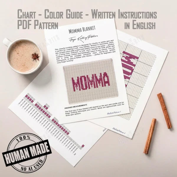 Momma Chunky Blanket Knitting Pattern showing the word MOMMA in soft mauve block letters running along the length of a warm ivory blanket, a mom and mama gift throw worked in stockinette colorwork intarsia with 2 colors: Ivory and Mauve.