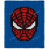 Spider Man Superhero Finger Knitting Pattern showing a red Marvel Spiderman (Spider-Man) web mask with black web lines and large white eyes outlined in black on a blue background, worked in stockinette colorwork intarsia with 4 colors: Blue, Black, Red, and White.