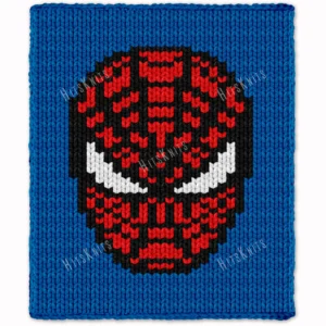 Spider Man Superhero Finger Knitting Pattern showing a red Marvel Spiderman (Spider-Man) web mask with black web lines and large white eyes outlined in black on a blue background, worked in stockinette colorwork intarsia with 4 colors: Blue, Black, Red, and White.