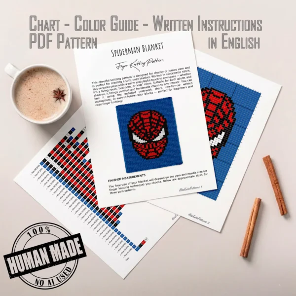 Spider Man Superhero Finger Knitting Pattern showing a red Marvel Spiderman (Spider-Man) web mask with black web lines and large white eyes outlined in black on a blue background, worked in stockinette colorwork intarsia with 4 colors: Blue, Black, Red, and White.