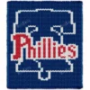 Phillies Finger Knitting Blanket Pattern showing the red Phillies script logo with a white Liberty Bell above and a star below on a blue background, worked in stockinette colorwork intarsia with 3 colors: Blue, White, and Red.