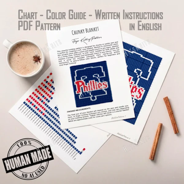 Phillies Finger Knitting Blanket Pattern showing the red Phillies script logo with a white Liberty Bell above and a star below on a blue background, worked in stockinette colorwork intarsia with 3 colors: Blue, White, and Red.