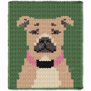 Pit Bull Dog Finger Knitting Blanket Pattern showing a cute front-facing pit bull dog with a beige face, ivory muzzle, gray nose patch, black nose and open mouth, and pink cheeks on an olive green background, worked in stockinette colorwork intarsia with 6 colors: Olive, Beige, Ivory, Gray, Black, and Pink.