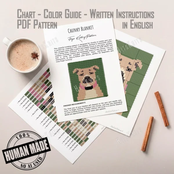 Pit Bull Dog Finger Knitting Blanket Pattern showing a cute front-facing pit bull dog with a beige face, ivory muzzle, gray nose patch, black nose and open mouth, and pink cheeks on an olive green background, worked in stockinette colorwork intarsia with 6 colors: Olive, Beige, Ivory, Gray, Black, and Pink.
