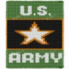 US Army Blanket Finger Knitting Pattern showing a white five-pointed star with a gold outline on a black panel in a gold frame, with white U.S. and ARMY lettering on a military green background, worked in stockinette colorwork intarsia with 4 colors: Green, Black, White, and Gold.