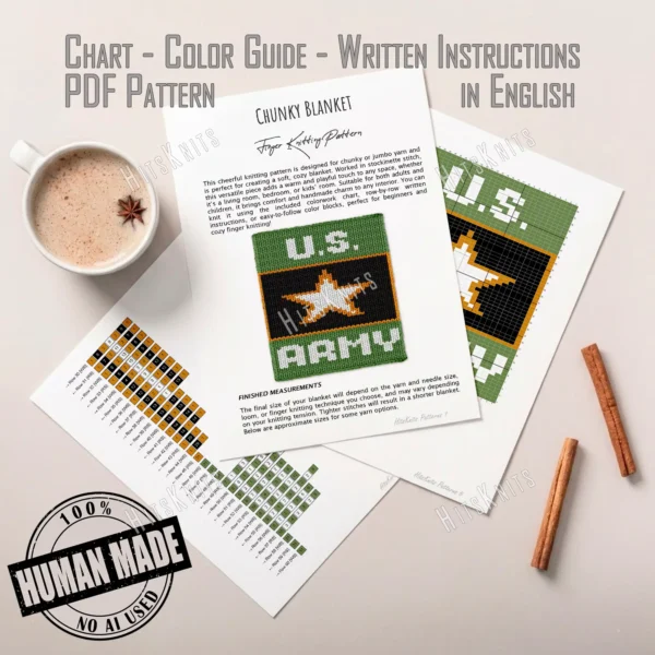 US Army Blanket Finger Knitting Pattern showing a white five-pointed star with a gold outline on a black panel in a gold frame, with white U.S. and ARMY lettering on a military green background, worked in stockinette colorwork intarsia with 4 colors: Green, Black, White, and Gold.