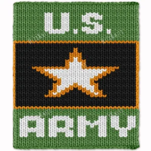US Army Blanket Finger Knitting Pattern showing a white five-pointed star with a gold outline on a black panel in a gold frame, with white U.S. and ARMY lettering on a military green background, worked in stockinette colorwork intarsia with 4 colors: Green, Black, White, and Gold.