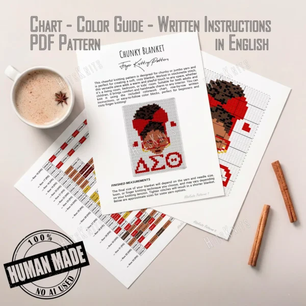 Delta Sigma Theta Chunky Throw Pattern showing a Black woman with curly hair, a large red bow, red glasses, gold hoop earrings, and the Greek letters of Delta Sigma Theta in red on a white background, worked in stockinette colorwork intarsia with 7 colors: White, Red, Brown, Camel, Black, Gold, and Burgundy.