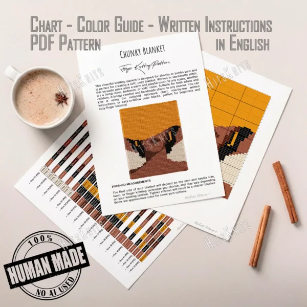 Golden Lady Blanket Finger Knit Pattern - a Black African-American woman portrait wearing a wide-brimmed gold hat with gold earrings, dark hair framing her face and an ivory shoulder, worked in stockinette colorwork intarsia with 5 colors: Gold, Camel, Ivory, Black, Brown.