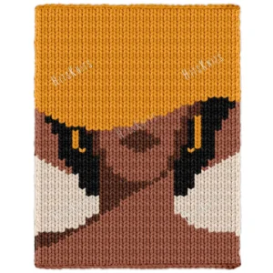 Golden Lady Blanket Finger Knit Pattern - a Black African-American woman portrait wearing a wide-brimmed gold hat with gold earrings, dark hair framing her face and an ivory shoulder, worked in stockinette colorwork intarsia with 5 colors: Gold, Camel, Ivory, Black, Brown.